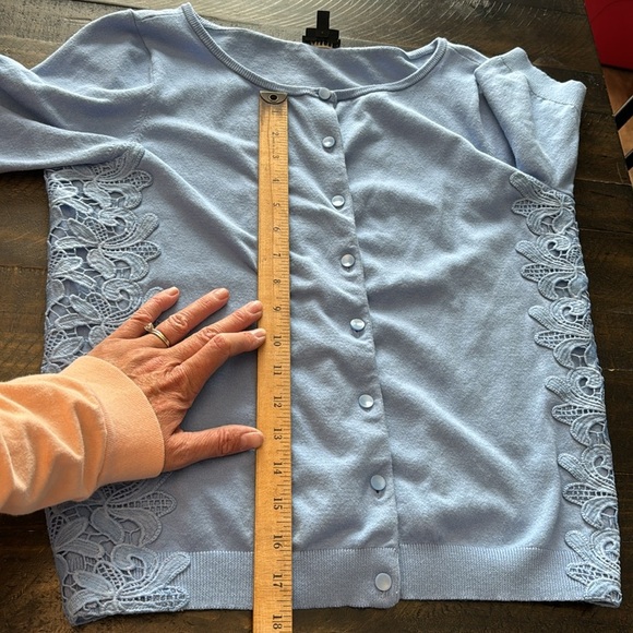 Talbots size Medium blue Cotton-Blend Cardigan Sweater Periwinkle detailed sides - Picture 10 of 10